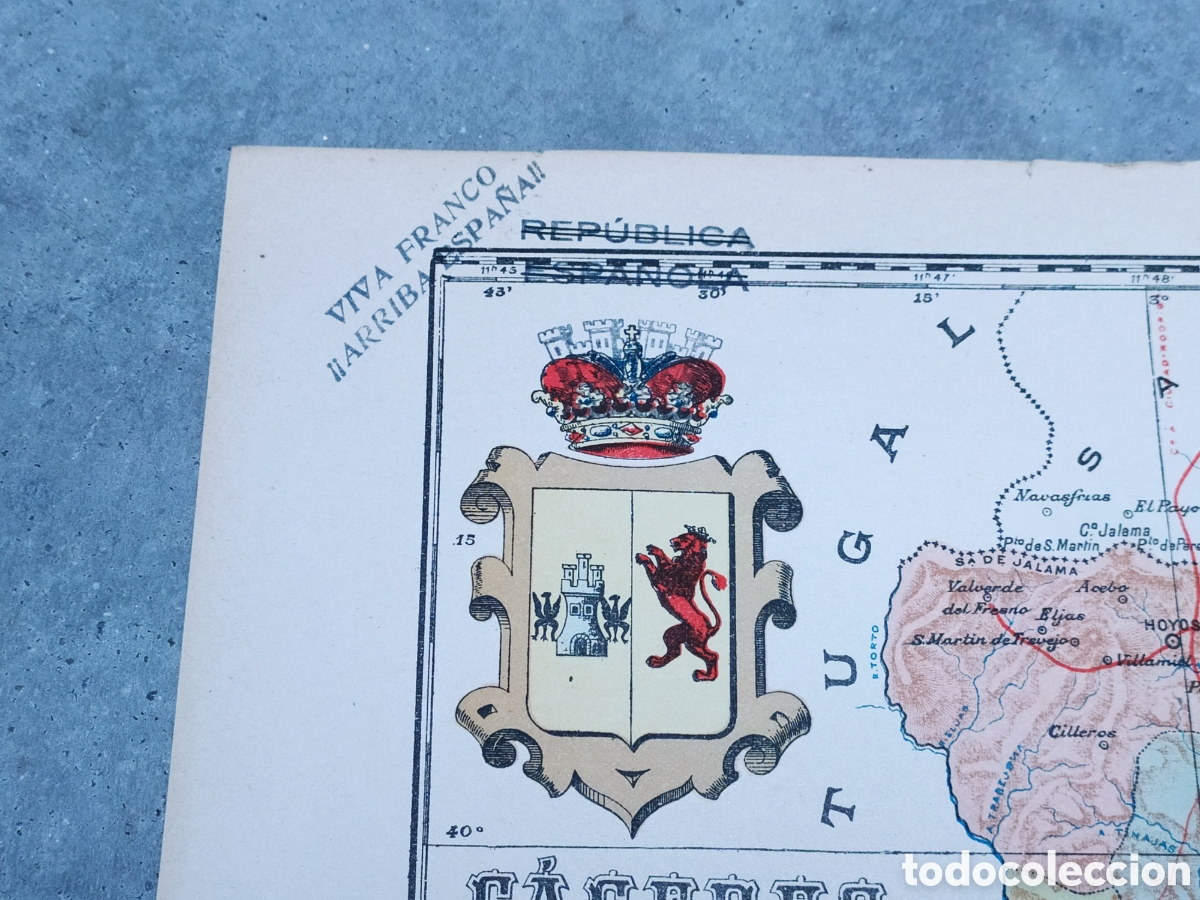 Militaria: MAPA DE C&Aacute;CERES CIRCA 1915 CON SELLO DE VIVA FRANCO &iexcl;&iexcl;ARRIBA ESPA&Ntilde;A!! Y DE LA REP&Uacute;BLICA ESPA&Ntilde;OLA