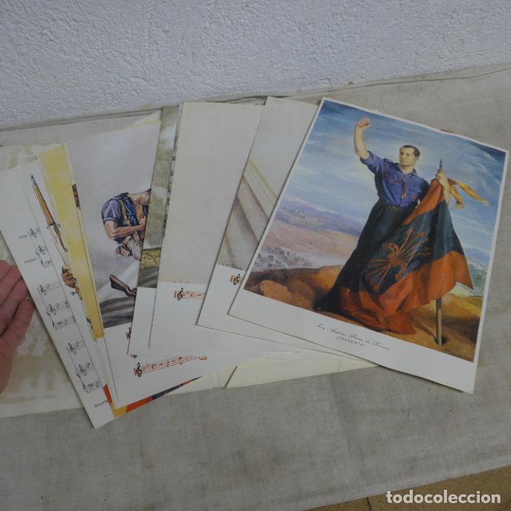 Militaria: Antigua partitura con 11 carteles laminas de falange, original, himno cara al sol