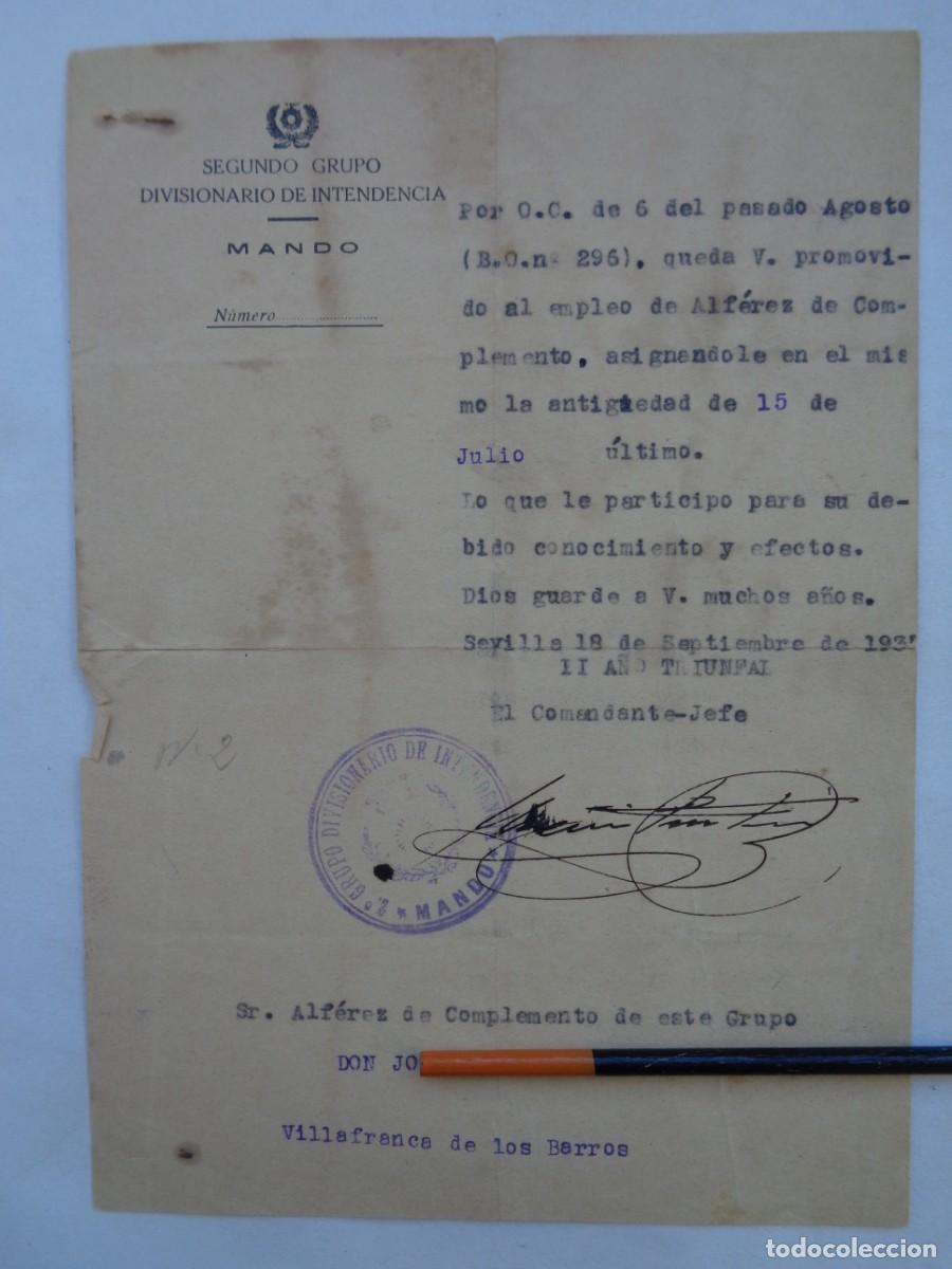 Militaria: GUERRA CIVIL - 2&ordm; GRUPO DIVISIONARIO INTENDENCIA: EMPLEO ALFEREZ . VILLAFRANCA DE LOS BARROS , 1937