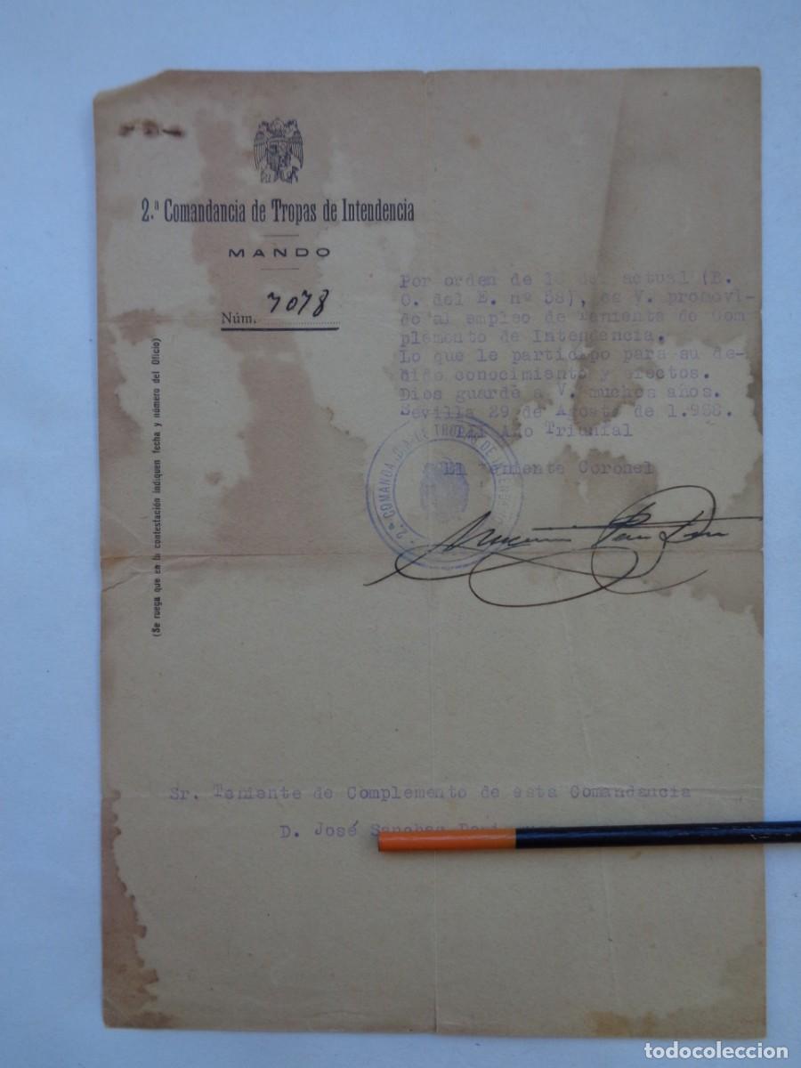 Militaria: GUERRA CIVIL - 2&ordf; COMANDANCIA TROPAS INTENDENCIA : EMPLEO TENIENTE COMPLEMENTO. SEVILLA , 1938
