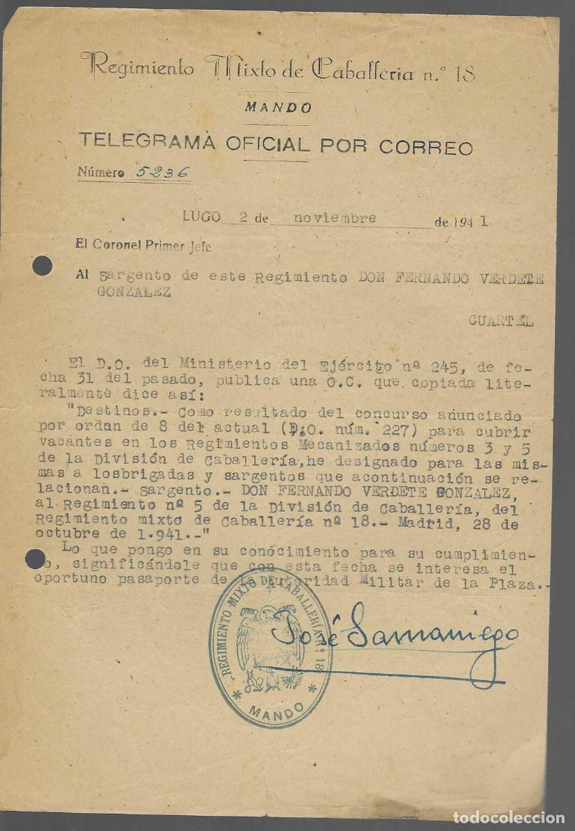 Militaria: LUGO.-TELEGRAMA POSTAL POR CORREOS REG.MIXTO CABALLERIA.- CUBRIR VACANTES- VER FOTO