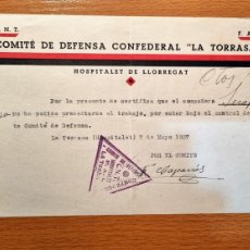 Militaria: F.A.I.-C.N.T. COMITE DE DEFENSA DE LA ” TORRASA” CERTIFICACION DE PRESENCIA..... Lote 399175624