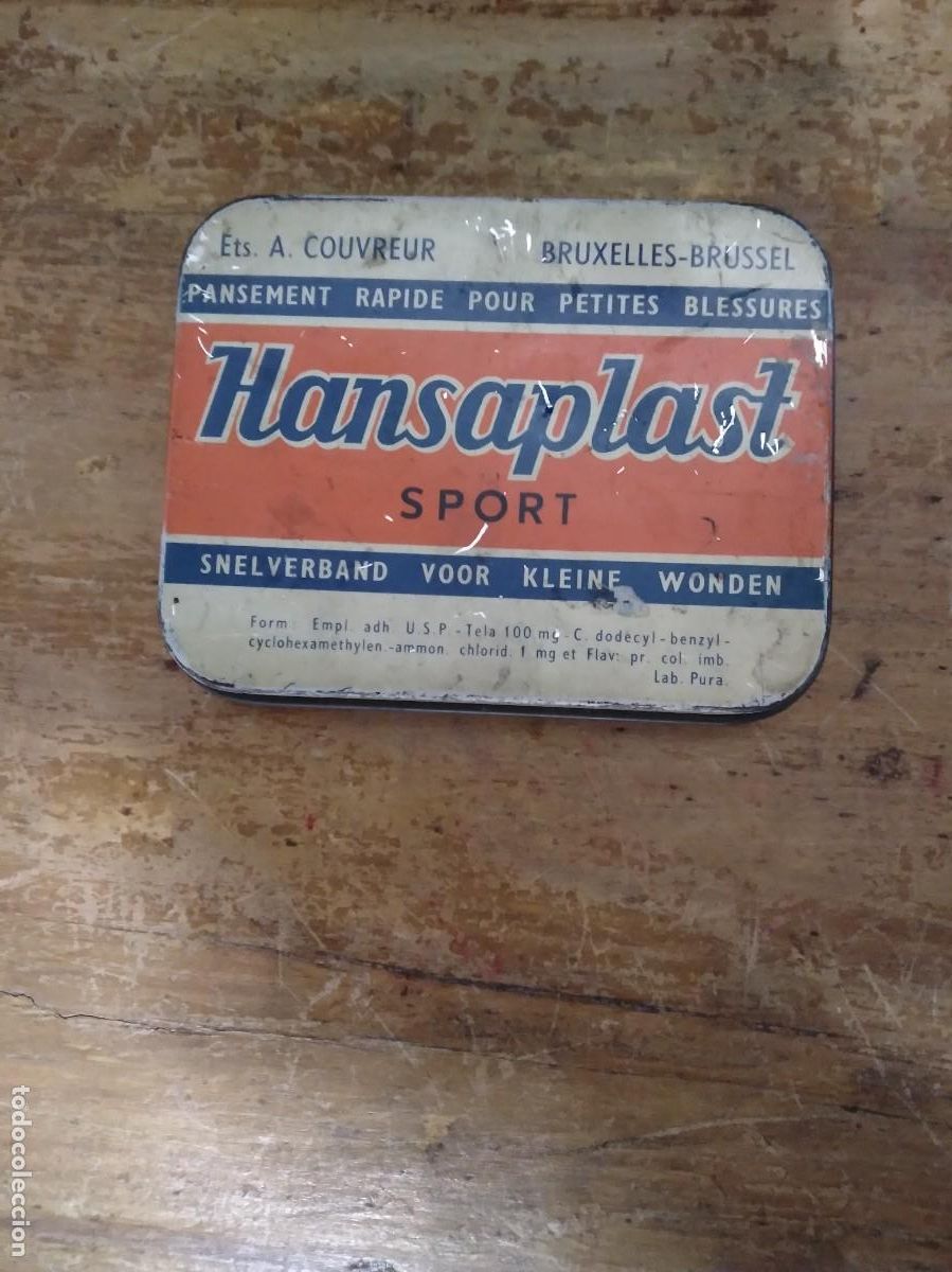 Militaria: Antigua Caja de metal Hansaplast Sport con sello de falange O.J.E