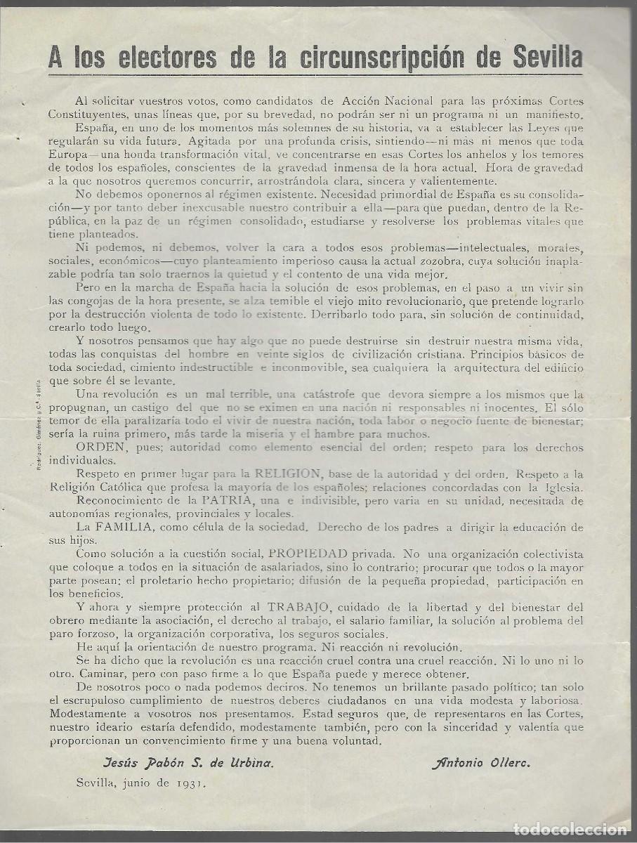 Militaria: A LOS ELECTORES DE CIRCUNSCRIPCION DE SEVILLA, ACCION NACIONAL.-A&Ntilde;O 1931,- VER FOTO