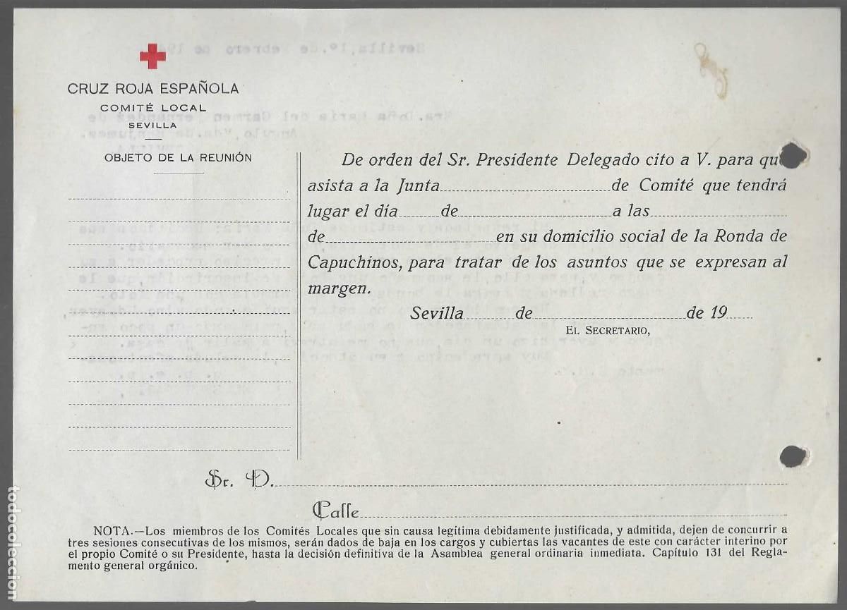 Militaria: SEVILLA, CRUZ ROJA ESPA&Ntilde;OLA.- CITACION JUNTA,- ABRIL 19..,,VER FOTOS