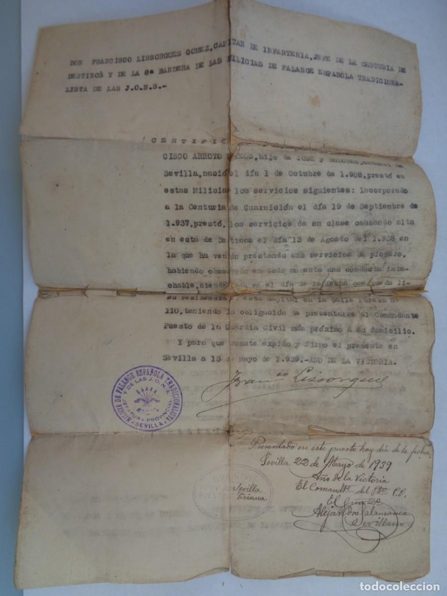 Military Antiques: GUERRA CIVIL - FALANGE : CERTIFICADO DE SERVCIO EN MILICIAS DE FALANGE , 8&ordf; BANDERA . SEVILLA , 1939