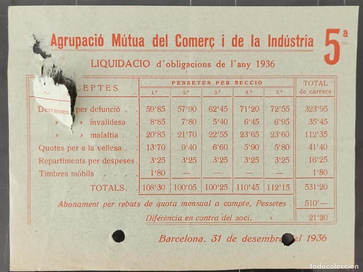 Military Antiques: Papel recibo de agrupaci&oacute; mutua del comer&ccedil; liquidacio Barcelona a&ntilde;o 1936
