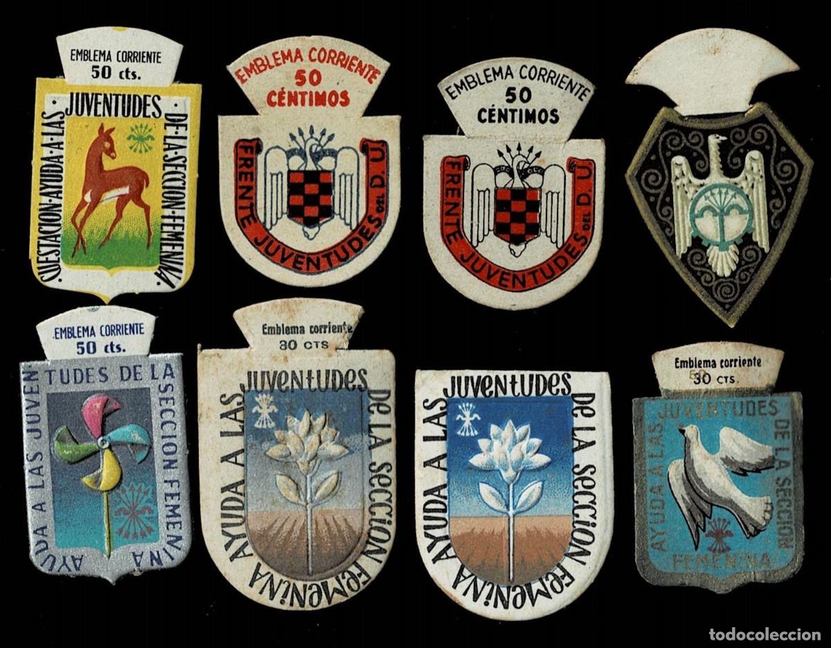 Military Antiques: E-4-3 FRENTE DE JUVENTUDES del D.U. y JUVENTUDES DE LA SECCION FEMENINA Conjunto de 8 EMBLEMAS INTER