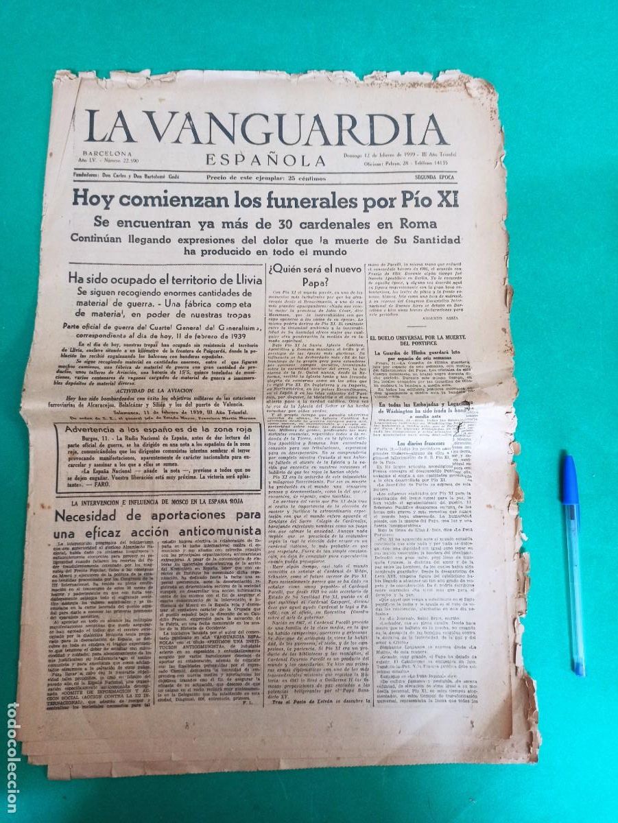 Militaria: Antiguo diario La Vanguardia, 12 febrero 1939. Guerra Civil. Entrada en Llivia. Menorca.