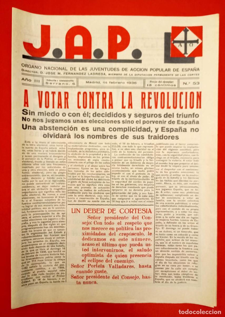Militaria: JAP. JUVENTUDES DE ACCI&Oacute;N POPULAR. PERI&Oacute;DICO DE PARTIDO. N&ordm; 53. A&Ntilde;O: 1936. ORIGINAL DE &Eacute;POCA.