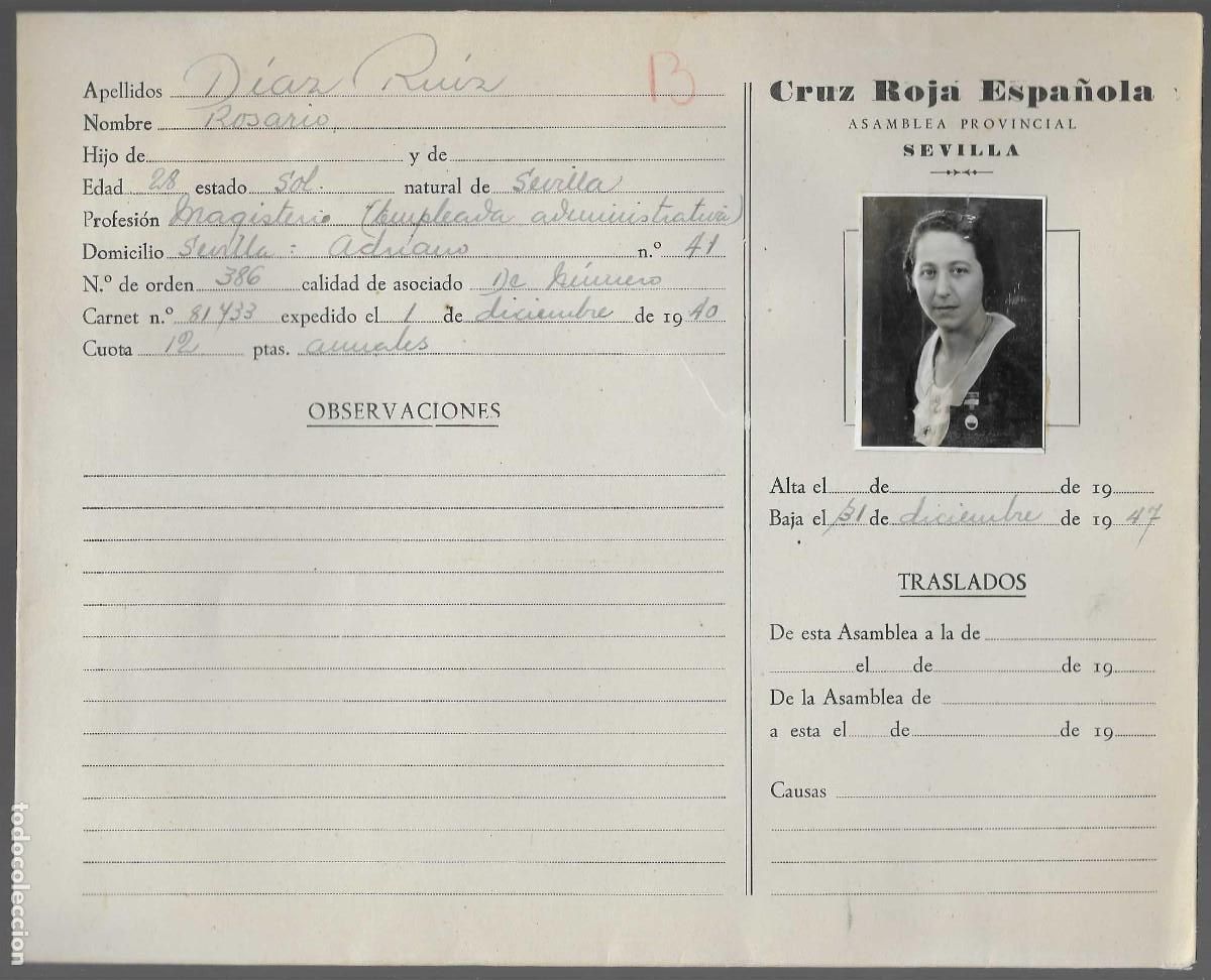Militaria: SEVILLA, FICHA- CRUZ ROJA ESPA&Ntilde;OLA.- MIDE:25 X 20 C.M.- VER FOTOS