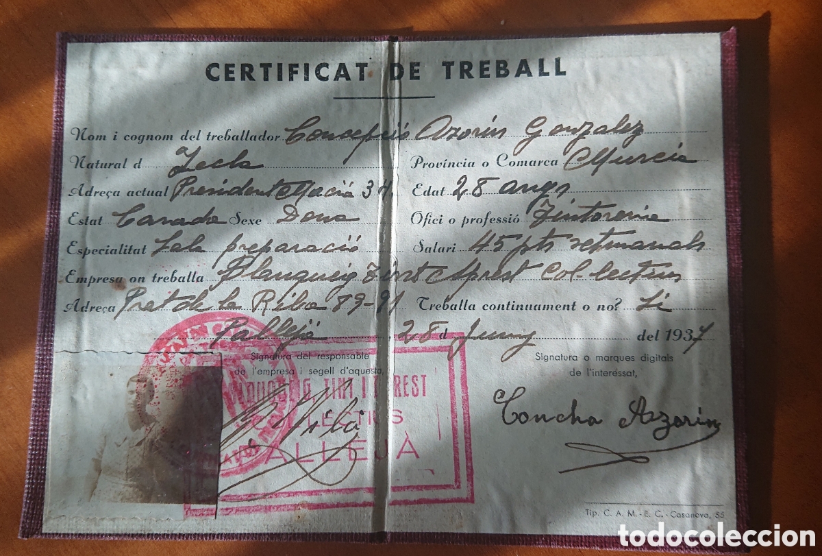 Military Antiques: Pallej&agrave; Barcelona, guerra civil, certificado trabajo, original, ved fotos