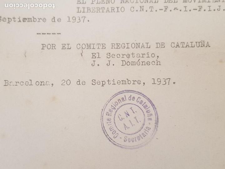 Militaria: BARCELONA 20 SEPTIEMBRE 1937-CNT.F.A.I.-F.I.J.L.SECRETARIO JOSEP JUAN I DOMENECH(ORIGINAL)