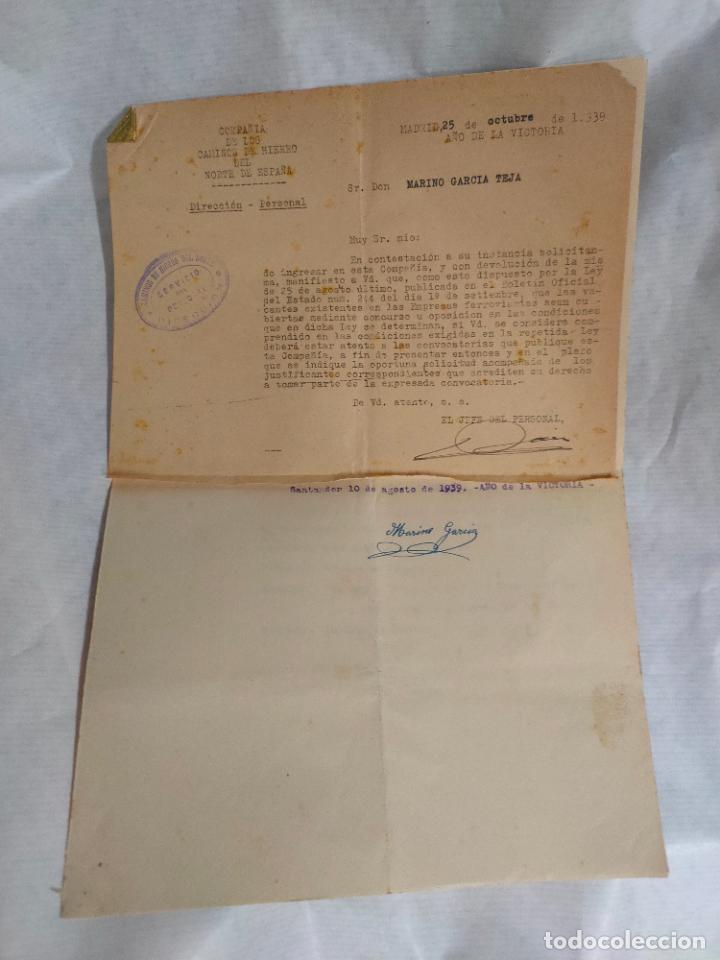 Militaria: Solicitud de ingreso en Caminos de Hierro del Norte de Espa&ntilde;a, condecorado Guerra Civil y respuesta.