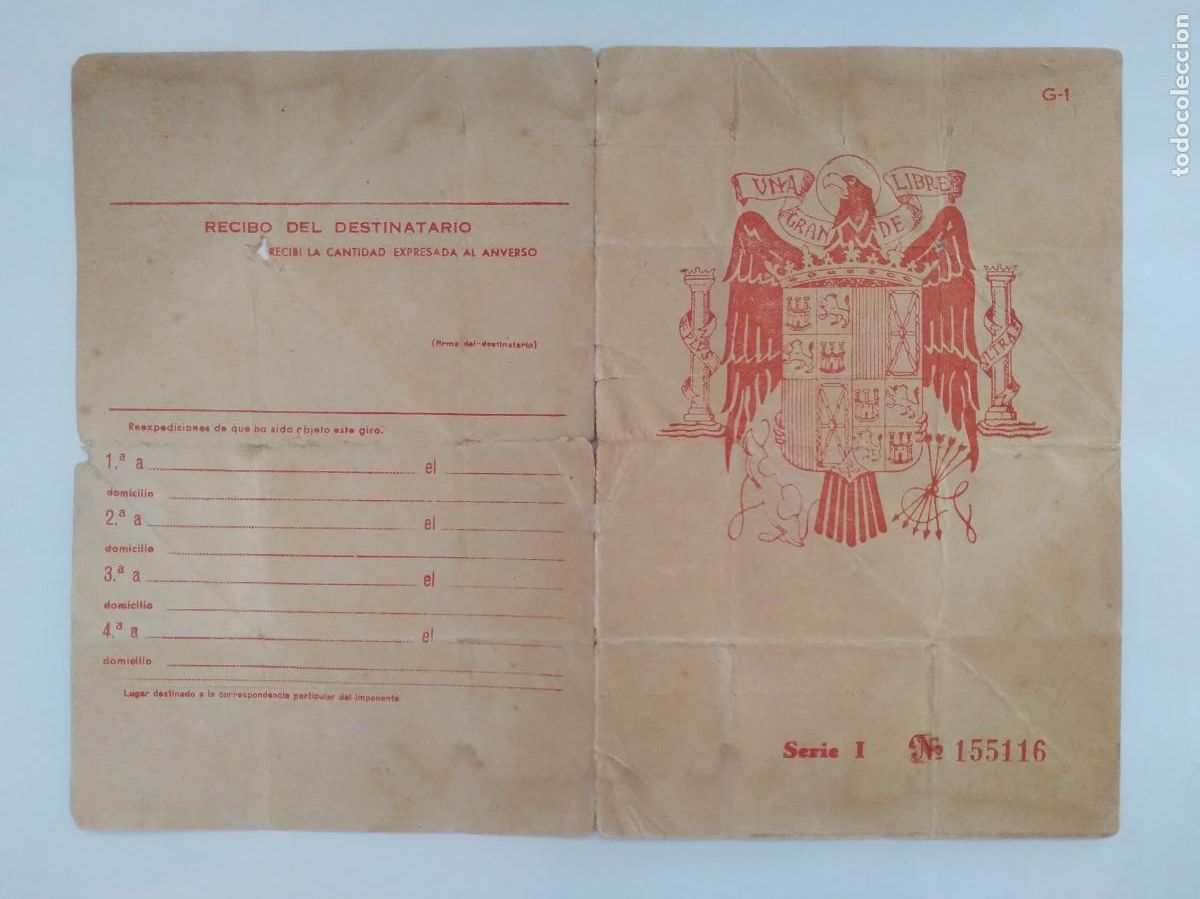 Military Antiques: ANTIGUO DOCUMENTO POS GUERRA CIVIL CORREOS GIRO POSTAL 12 PESETAS VALENCIA BARCELONA 1940 RV
