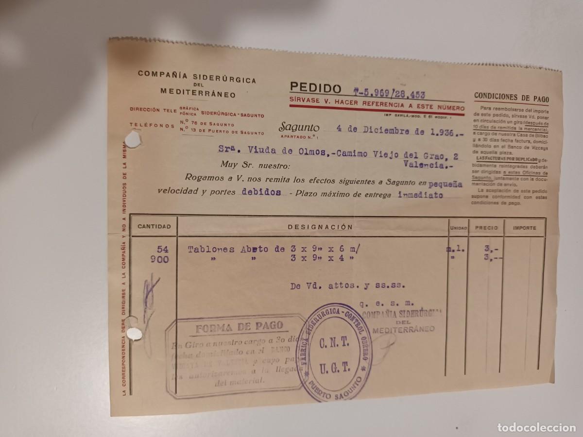Militaria: Nota de pedido de material de la Sider&uacute;rgica de Sagunto Guerra Civil 1936 control obrero CNT UGT