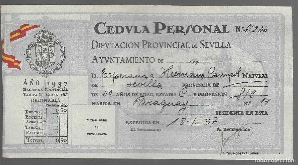 Militaria: SEVILLA.- CEDULA PERSONAL, A&Ntilde;O 1937- VER FOTO