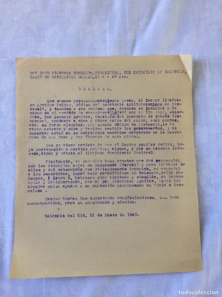 Militaria: DECLARACION DE 1 CURA X AYUDA RECIBIDA DURANTE LA GUERRA CIVIL EN VALENCIA X EL DR ILDEFONSO AGUILAR