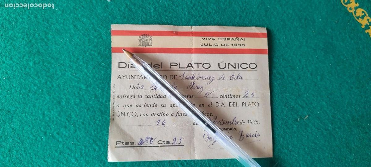 Militaria: Recibo plato &uacute;nico Falange escudo republica guerra civil
