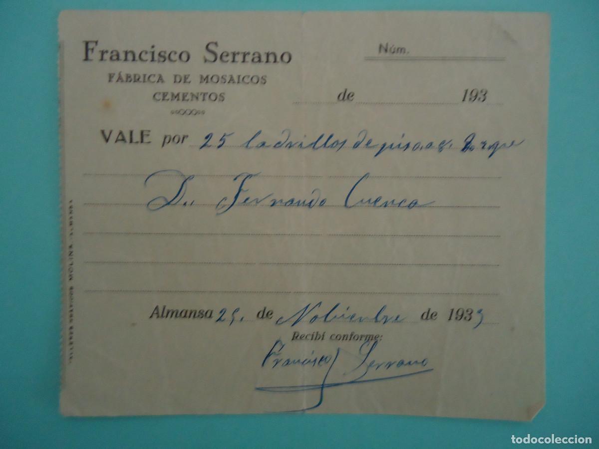 Militaria: RECIBO DE FRANCISCO SERRANO , FABRICA DE MOSAICOS Y CEMENTOS DE ALMANSA. A&Ntilde;O 1939. PP-8