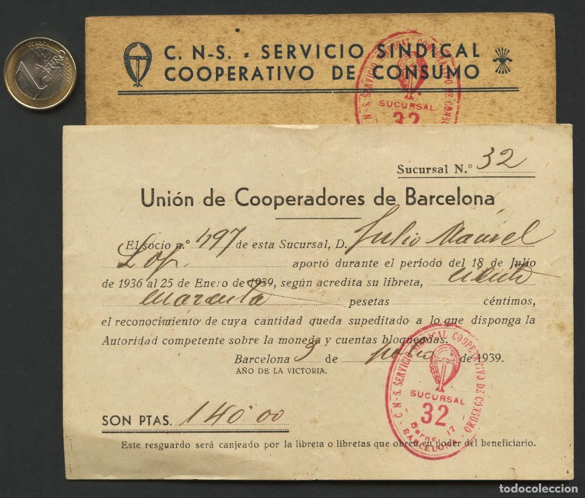 Militaria: POSGUERRA, DOCUMENTOS, C.N.S., UNI&Oacute;N DE COOPERADORES DE BARCELONA, 1939