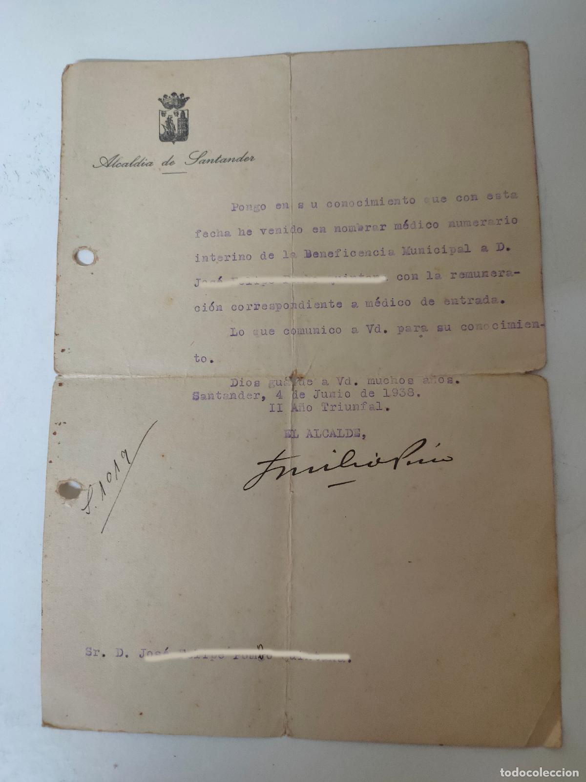 Militaria: Nombramiento medico de la Beneficiencia. Firmado EMILIO PINO, alcalde de Santander. 1938