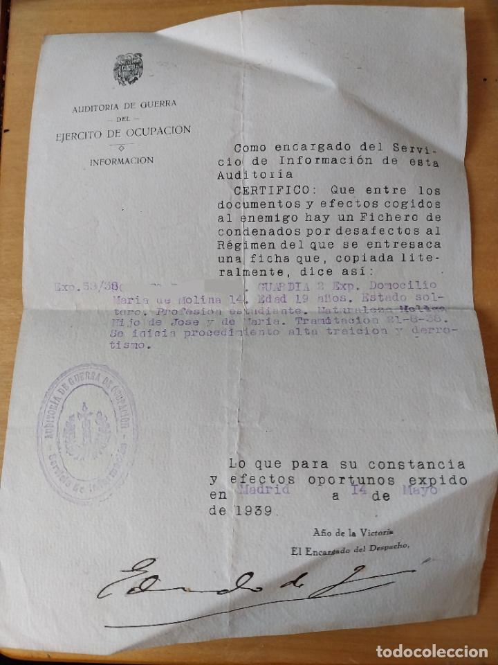 Militaria: GUERRA CIVIL 1939 ALTA TRAICION DERROTISMO AUDITORIA EJERCIO OCUPACION DOCUMENTO ORIGINAL