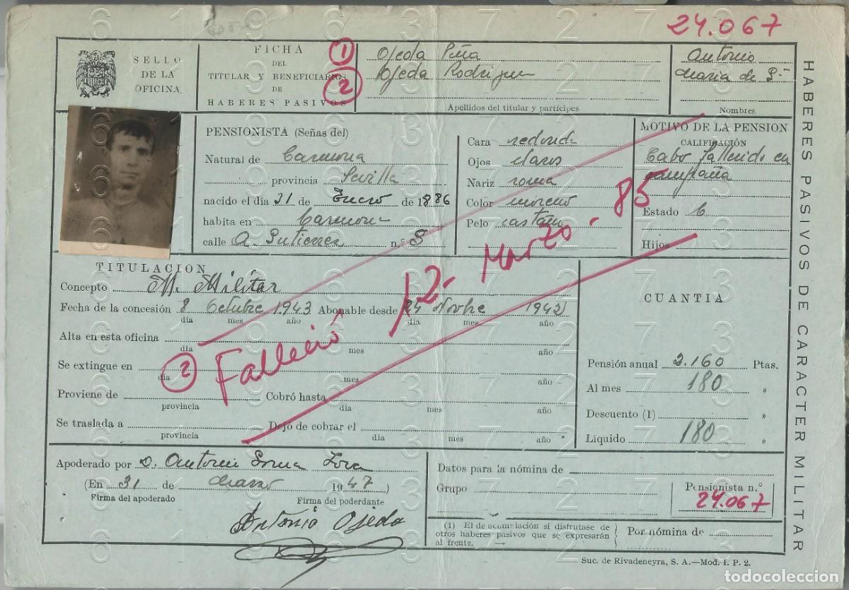 Militaria: CARMONA SEVILLA CABO CAIDO EN GUERRA FICHA PENSION 22X15 L58