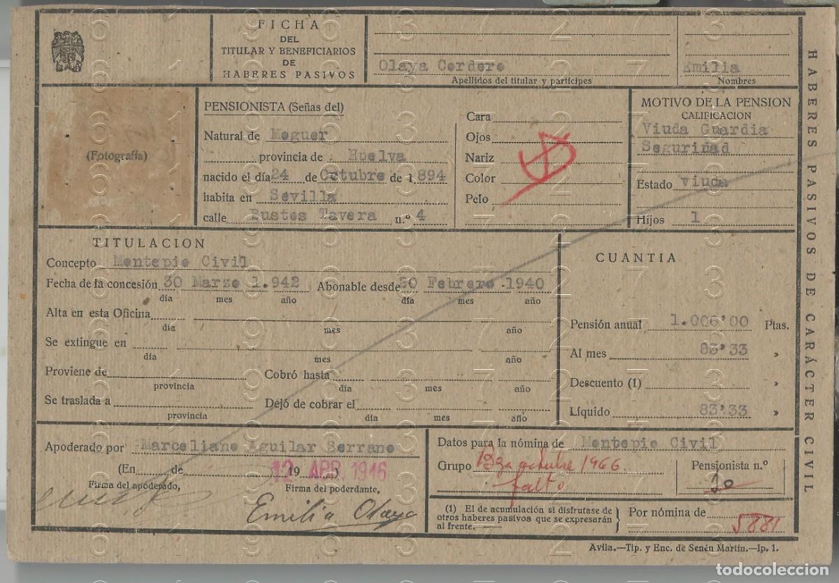 Militaria: MOGUER SEVILLA VIUDA GUARDIA FICHA PENSION 22X15 L58