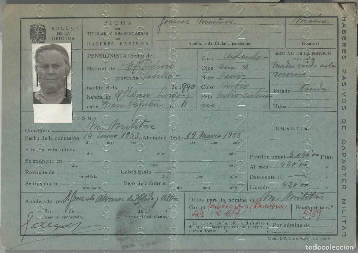 Militaria: EL PEDROSO SEVILLA CAIDO EN ACTO DE SERVICIO FICHA PENSION 22X15 L58