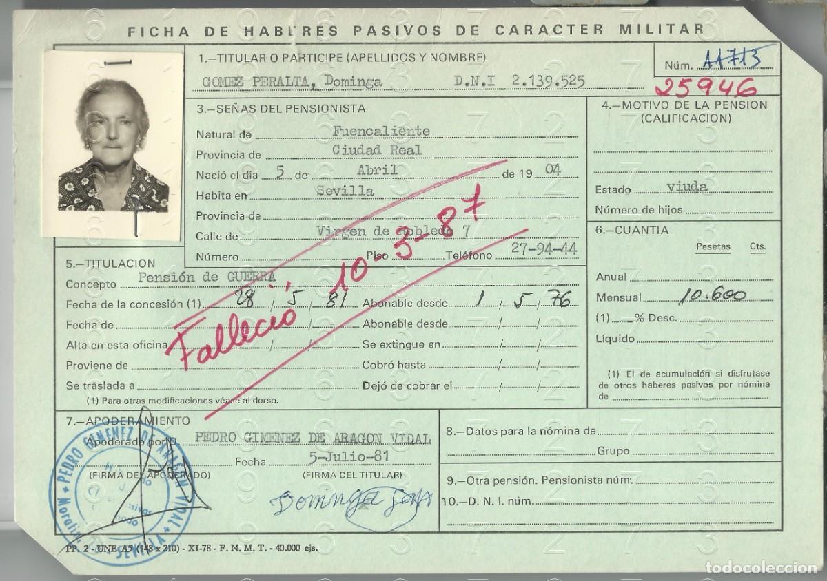 Militaria: FUENCALIENTE CIUDAD REAL MILITAR REPUBLICANO FICHA PENSION 22X15 L58