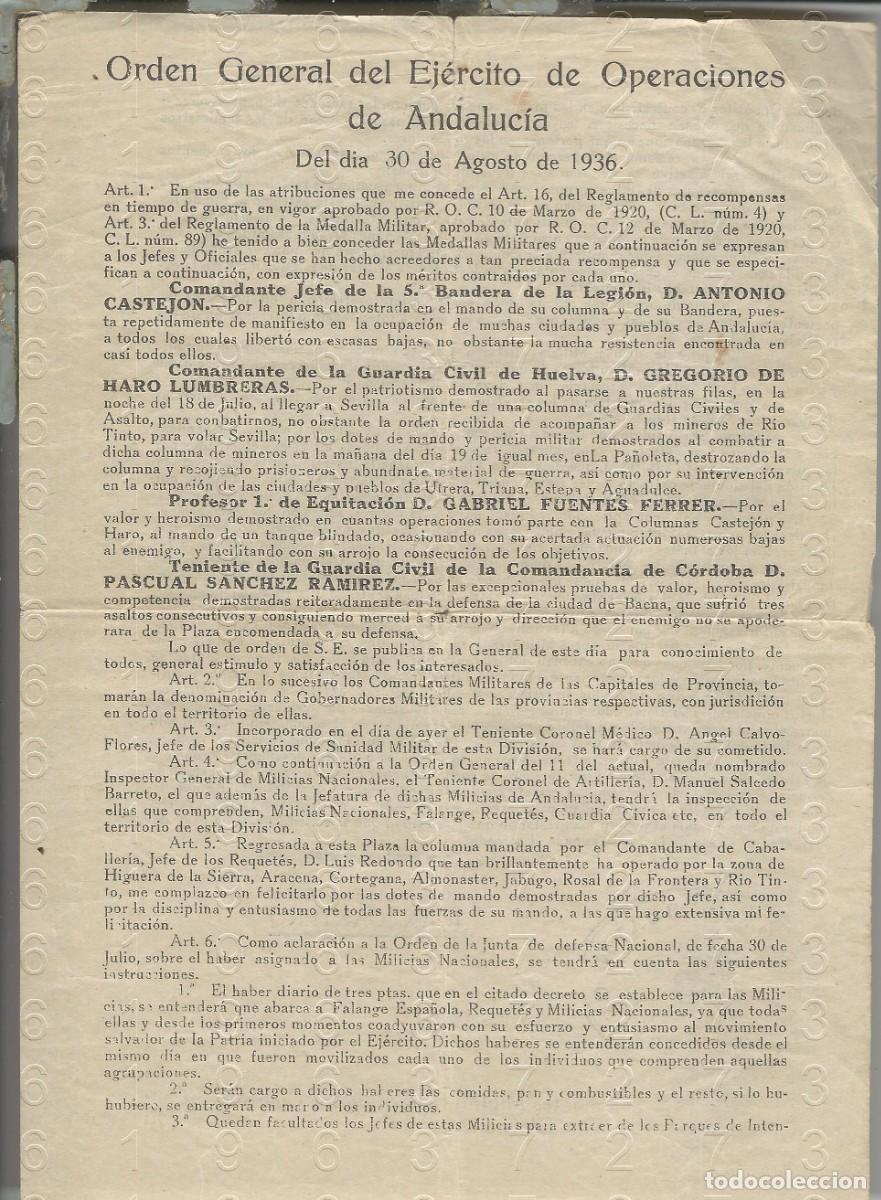 Military Antiques: ORDEN GENERAL DEL EJERCITO DE ANDALUCIA GUERRA CIVIL ESPA&Ntilde;OLA 1936 1 CUARTILLA L60