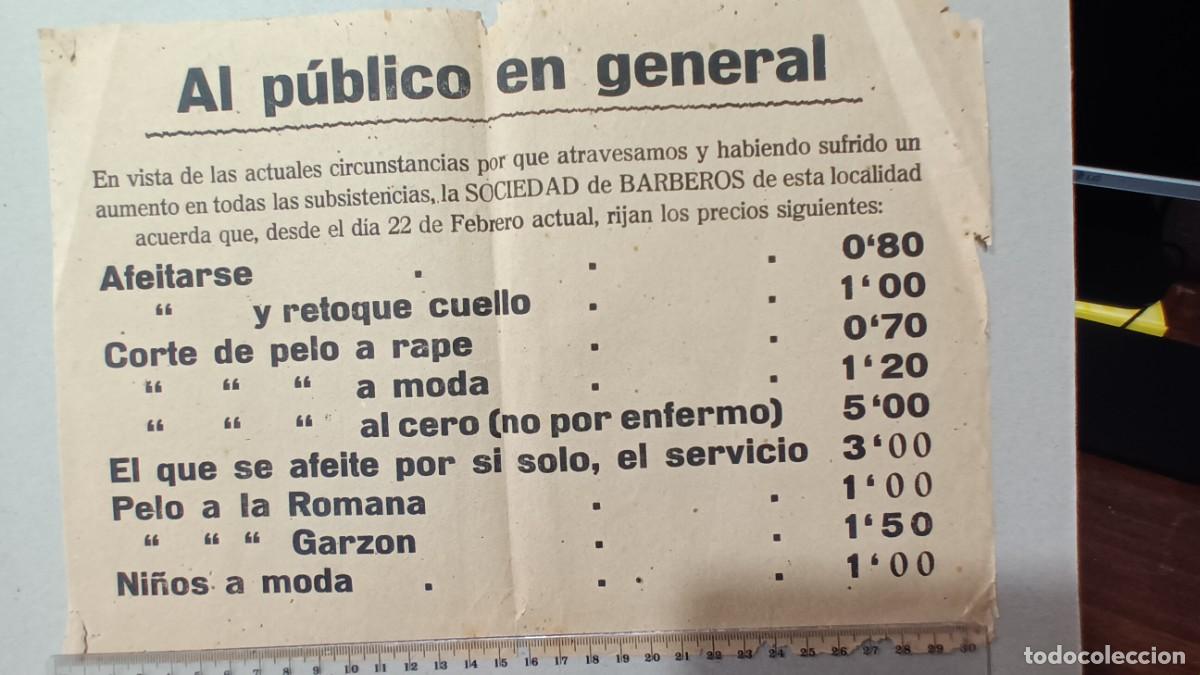 Militaria: Cartel de subida de tarifas de peluquer&iacute;a durante la guerra civil, L&iacute;ria (Valencia) Lliria