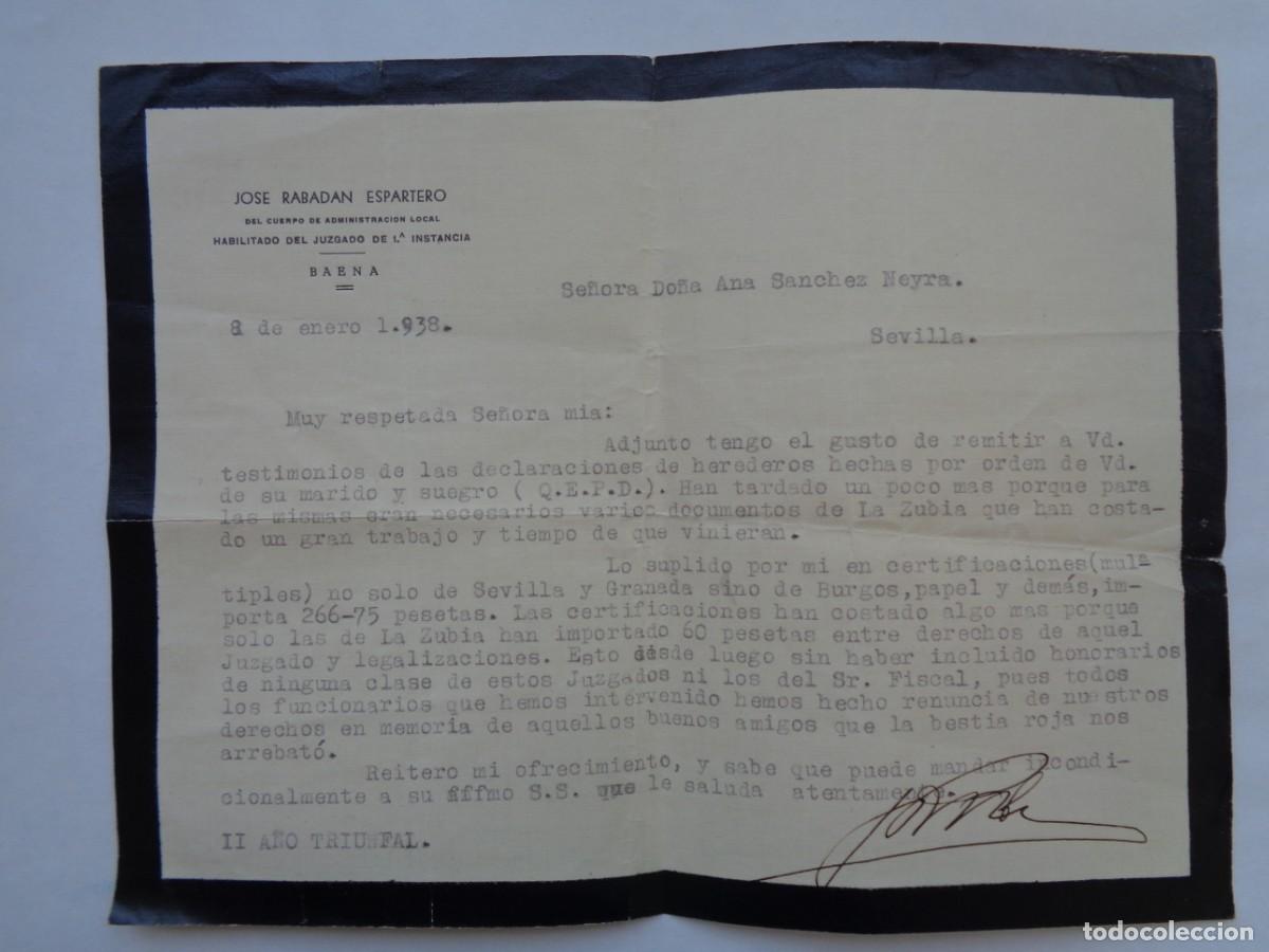 Military Antiques: GUERRA CIVIL: CARTA JUZGADO BAENA RESPECTO A GASTOS ESPOSO Y SUEGRO ASESINADOS POR LOS ROJOS . 1938