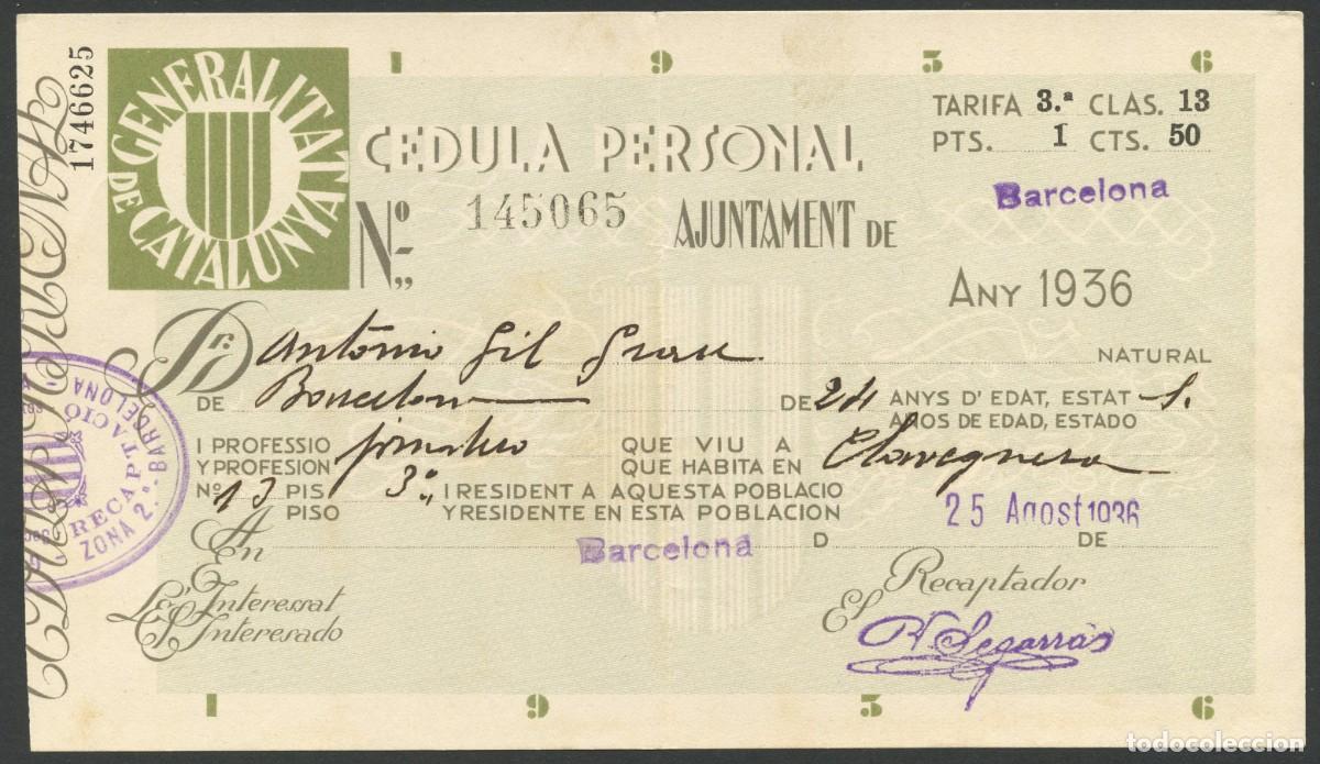 Military Antiques: GUERRA CIVIL, GENERALITAT DE CATALUNYA, C&Eacute;DULA PERSONAL, 1936