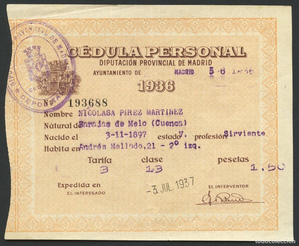 Militaria: GUERRA CIVIL, DOCUMENTO, C&Eacute;DULA PERSONAL, MADRID, 1936, 1937