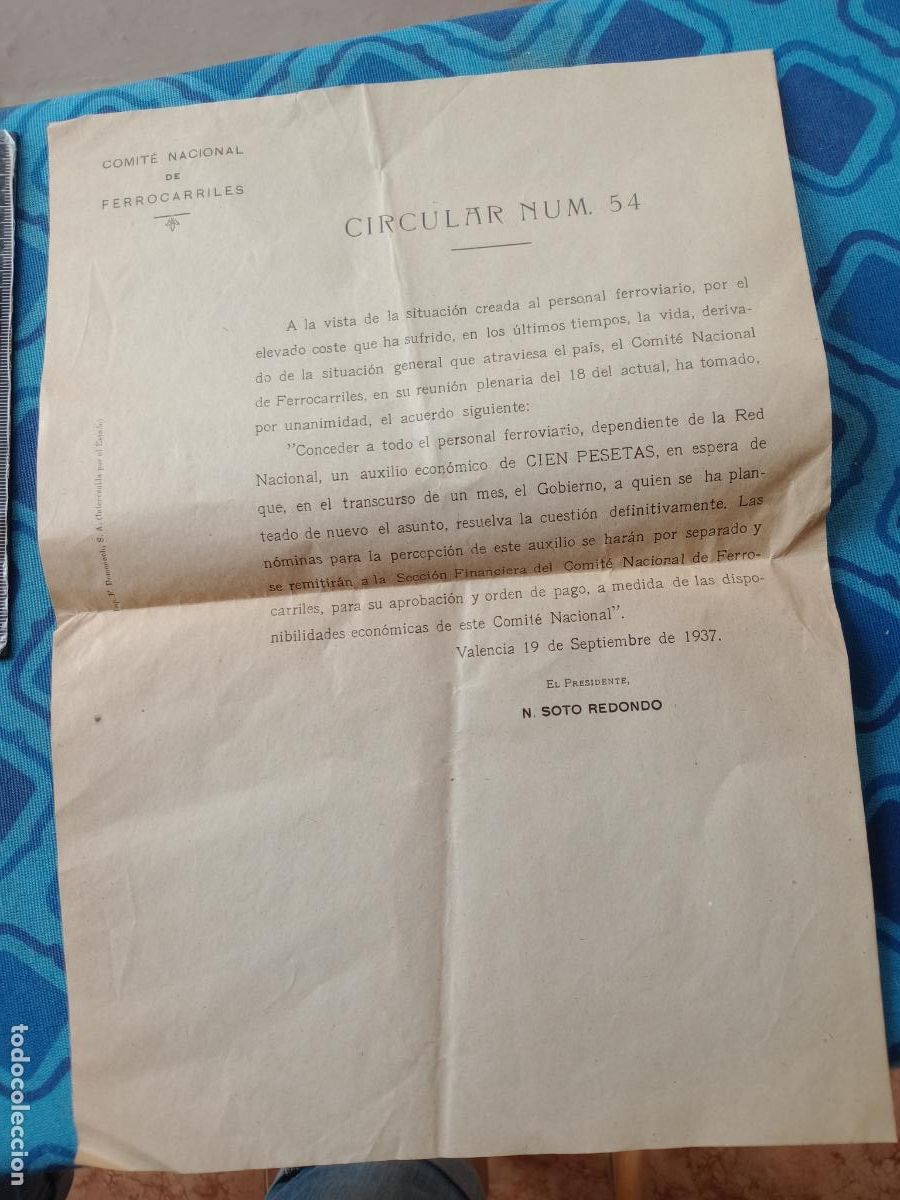 Militaria: VALENCIA GUERRA CIVIL. CIRCULAR COMITE NACIONAL DE FERROCARRILES 1937