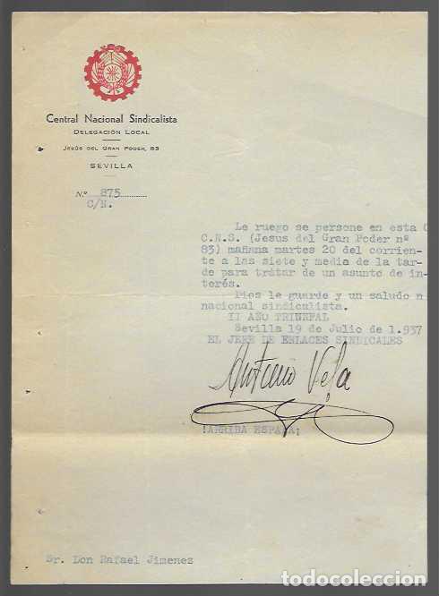 Militaria: SEVILLA,- CITACION, C.N.S. EL JEFE DE ENLACES SINDICALES, ANTONIO VELA, 19 DE JULIO 1937, VER FOTO