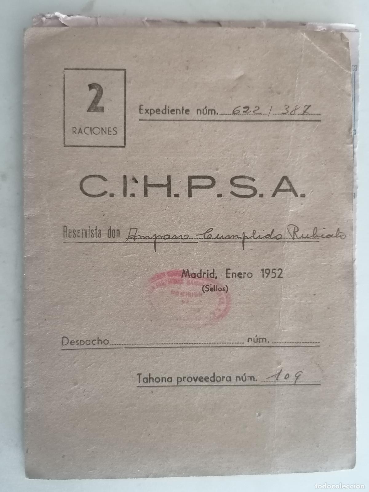 Military Antiques: C.I.H.P.S.A. CARTILLA RACIONAMIENTO MILITAR, TAHONA 109, 1952, CUPONES VARIOS, CARNES, ULTRAMARINOS