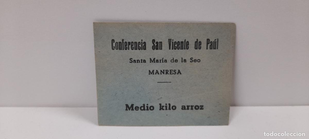 Militaria: VALE POR MEDIO KILO DE ARROZ . CONFERENCIA SAN VICENTE DE PAUL - SANTA MARIA DE LA SEO . MANRESA