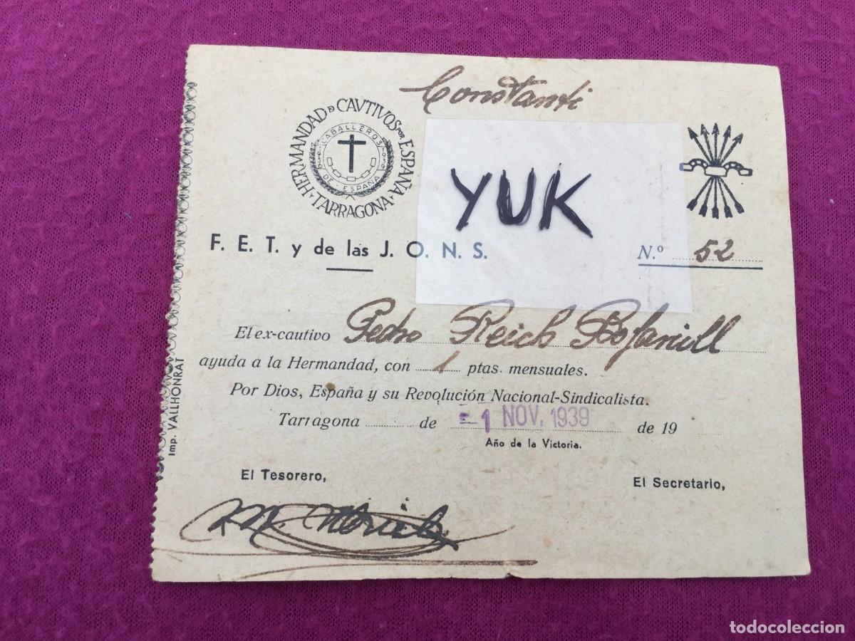 Militaria: RESGUARDO DEL RECIBO DE AYUDA DE LA HERMANDAD DE CAUTIVOS 1939 -POST GUERRA CIVIL - FALANGE