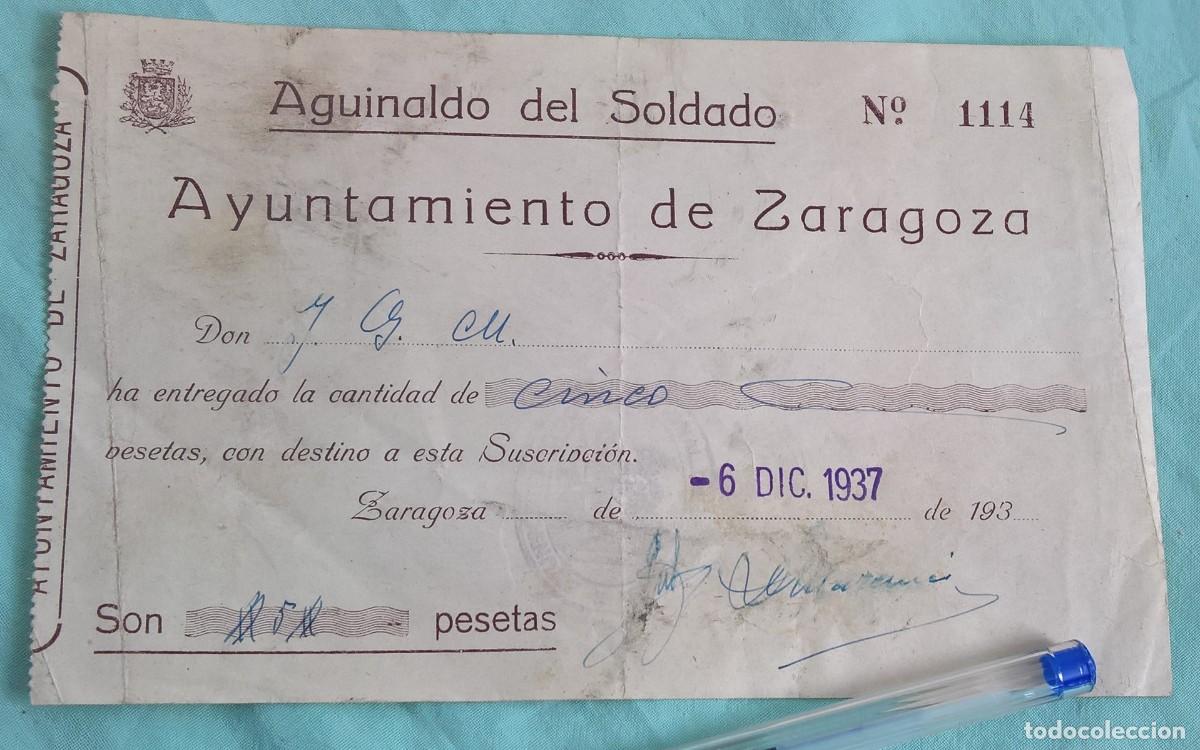 Militaria: RECIBO DE AGUINALDO DEL SOLDADO. 1937 Zaragoza..5 Pesetas.