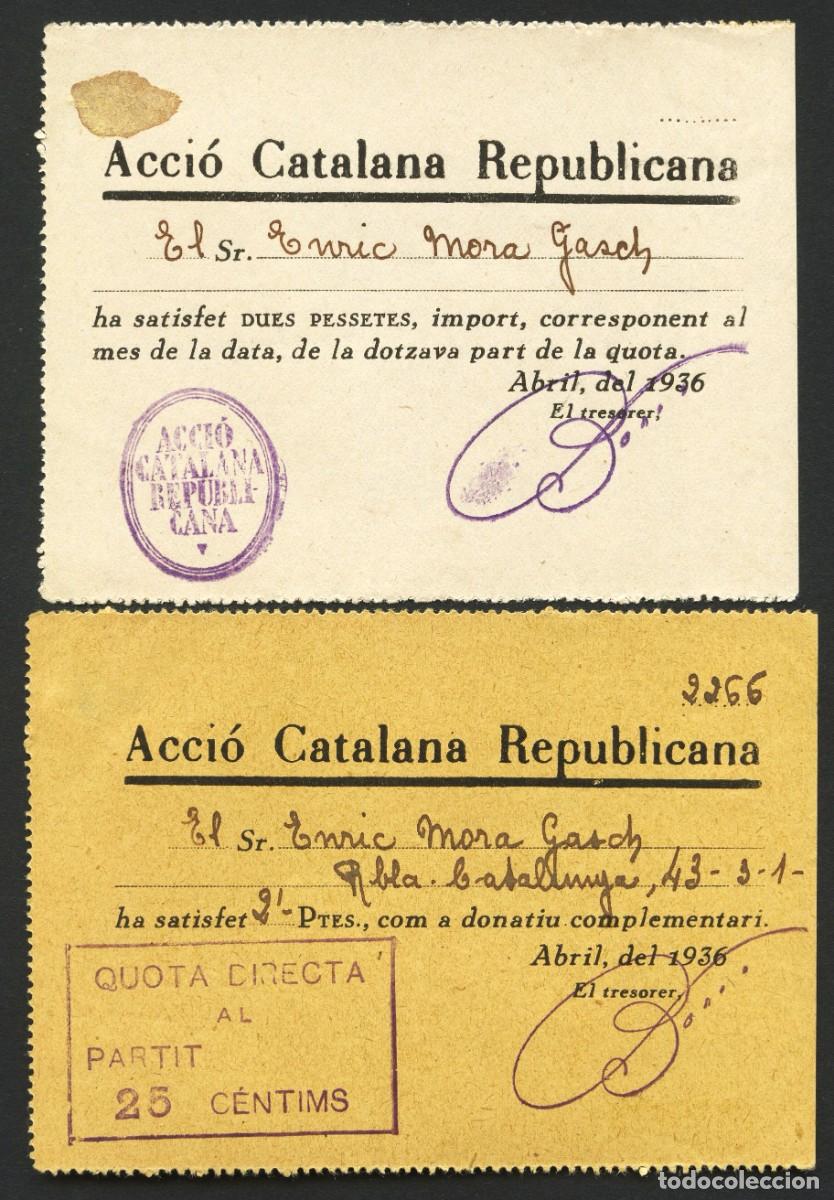 Militaria: REP&Uacute;BLICA ESPA&Ntilde;OLA, RECIBOS, ACCI&Oacute; CATALANA REPUBLICANA, VALOR: 2 PESETAS, 1936