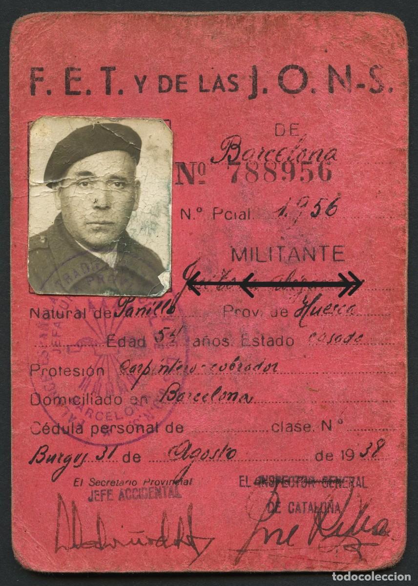 Militaria: GUERRA CIVIL, CARNET PROVISIONAL, FALANGE ESPA&Ntilde;OLA TRADICIONALISTA, 1938, BURGOS