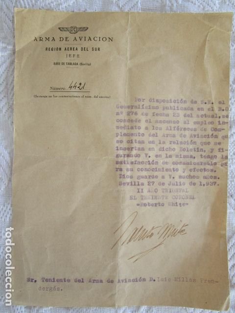 Military Antiques: Documento Guerra Civil. Ascenso a alf&eacute;reces. Firmado Roberto White 1937 ver fotos