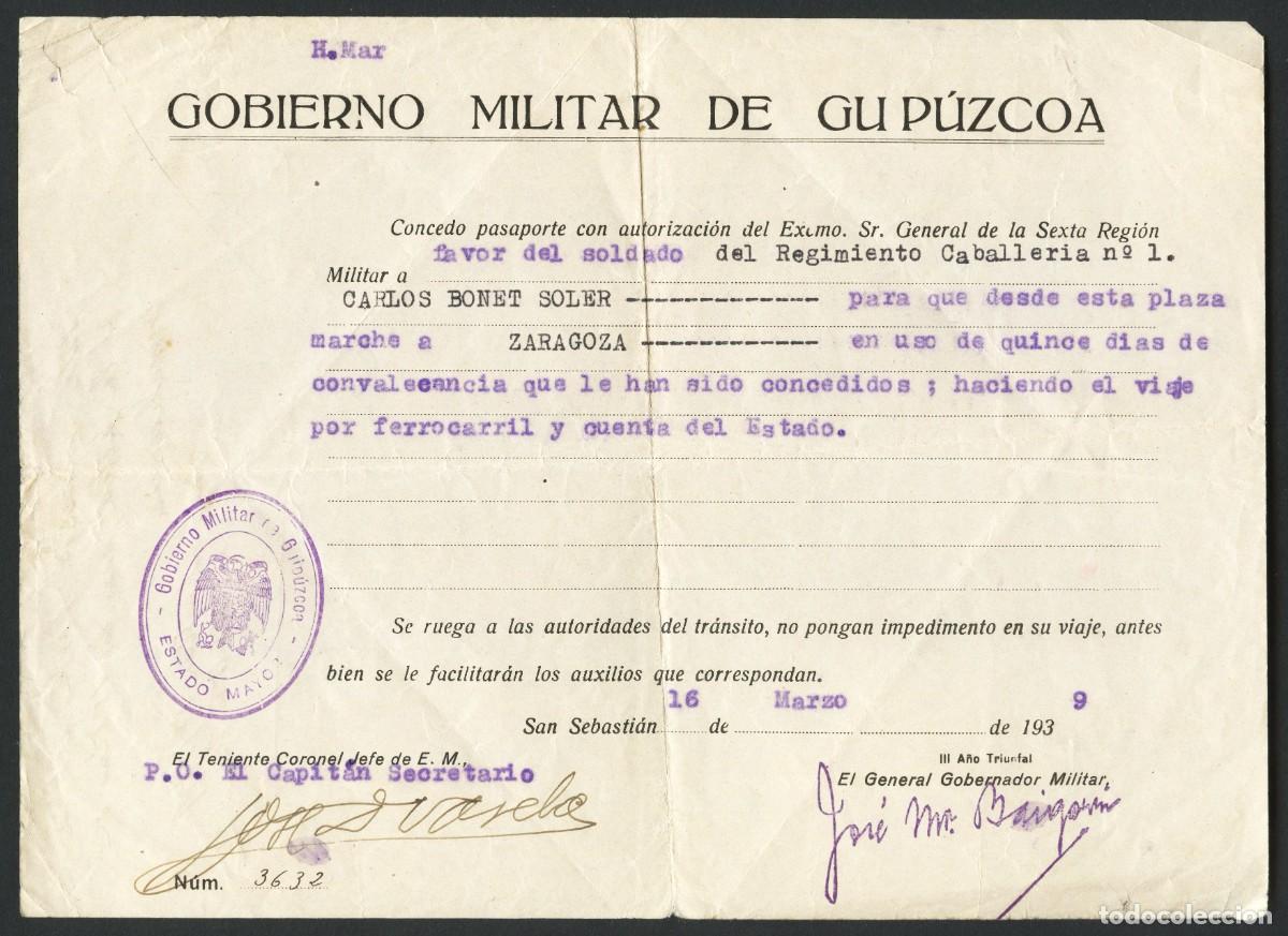 Militaria: GUERRA CIVIL, SALVOCONDUCTO MILITAR, GOBIERNO MILITAR DE GUIP&Uacute;ZCOA, 1939