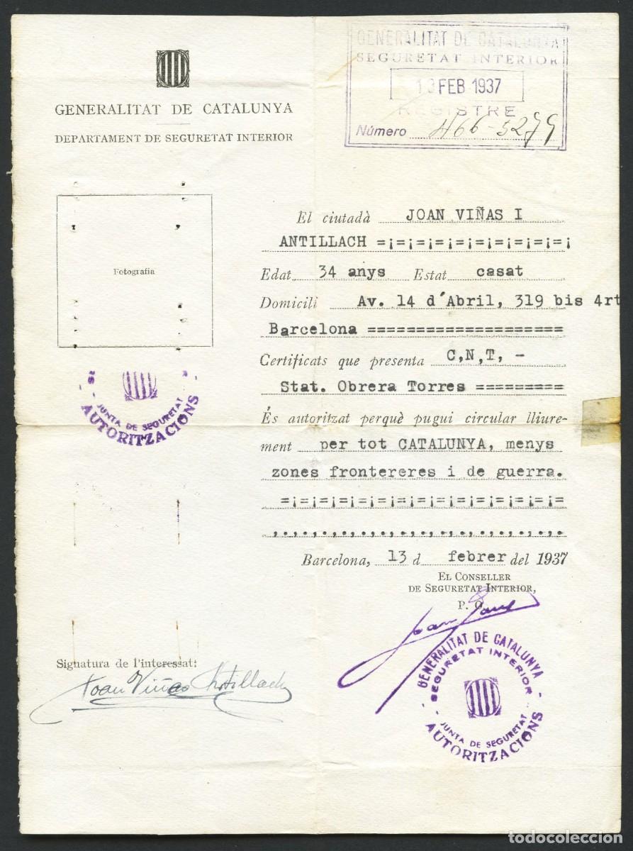 Militaria: GUERRA CIVIL, SALVOCONDUCTO, GENERALITAT DE CATALUNYA, C.N.T., 1937