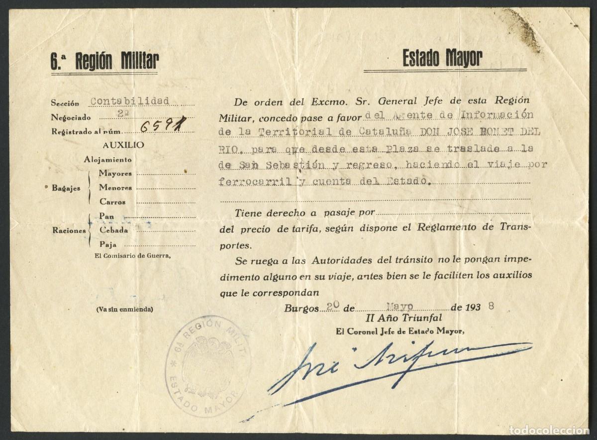 Militaria: GUERRA CIVIL, SALVOCONDUCTO MILITAR, ESTADO MAYOR, 6&ordf; REGI&Oacute;N MILITAR, BURGOS, 1938