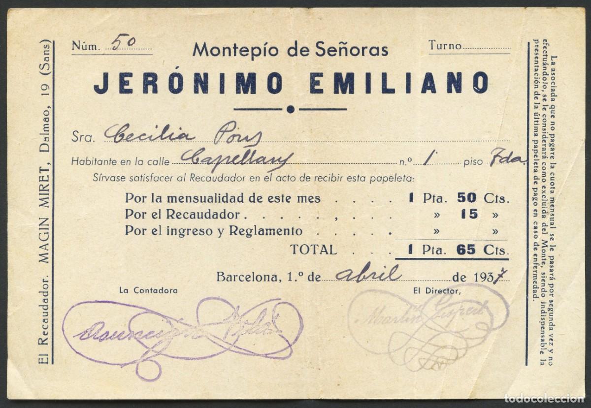 Militaria: GUERRA CIVIL, RECIBO, MONTEP&Iacute;O DE SE&Ntilde;ORAS, JER&Oacute;NIMO EMILIANO, VALOR: 1,65 PTS, 1937