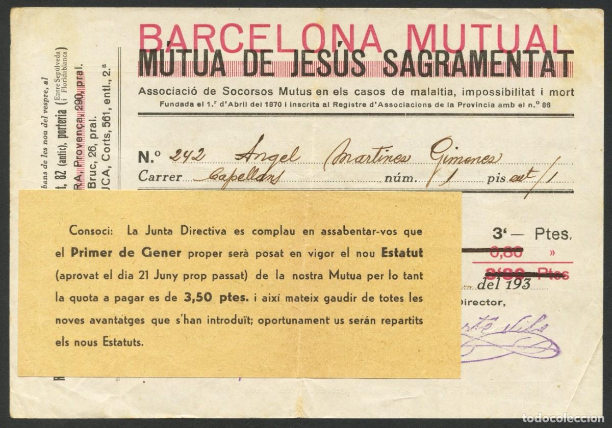 Militaria: GUERRA CIVIL, RECIBO, BARCELONA MUTUAL, VALOR: 3 PESETAS, 1936